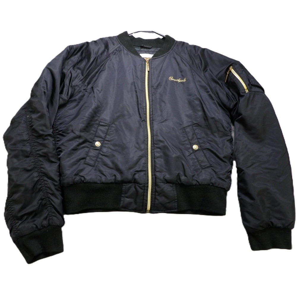 Southpole Bomber Jacket Women L Black Satin Quilted Lining Gold Zip Streetwear